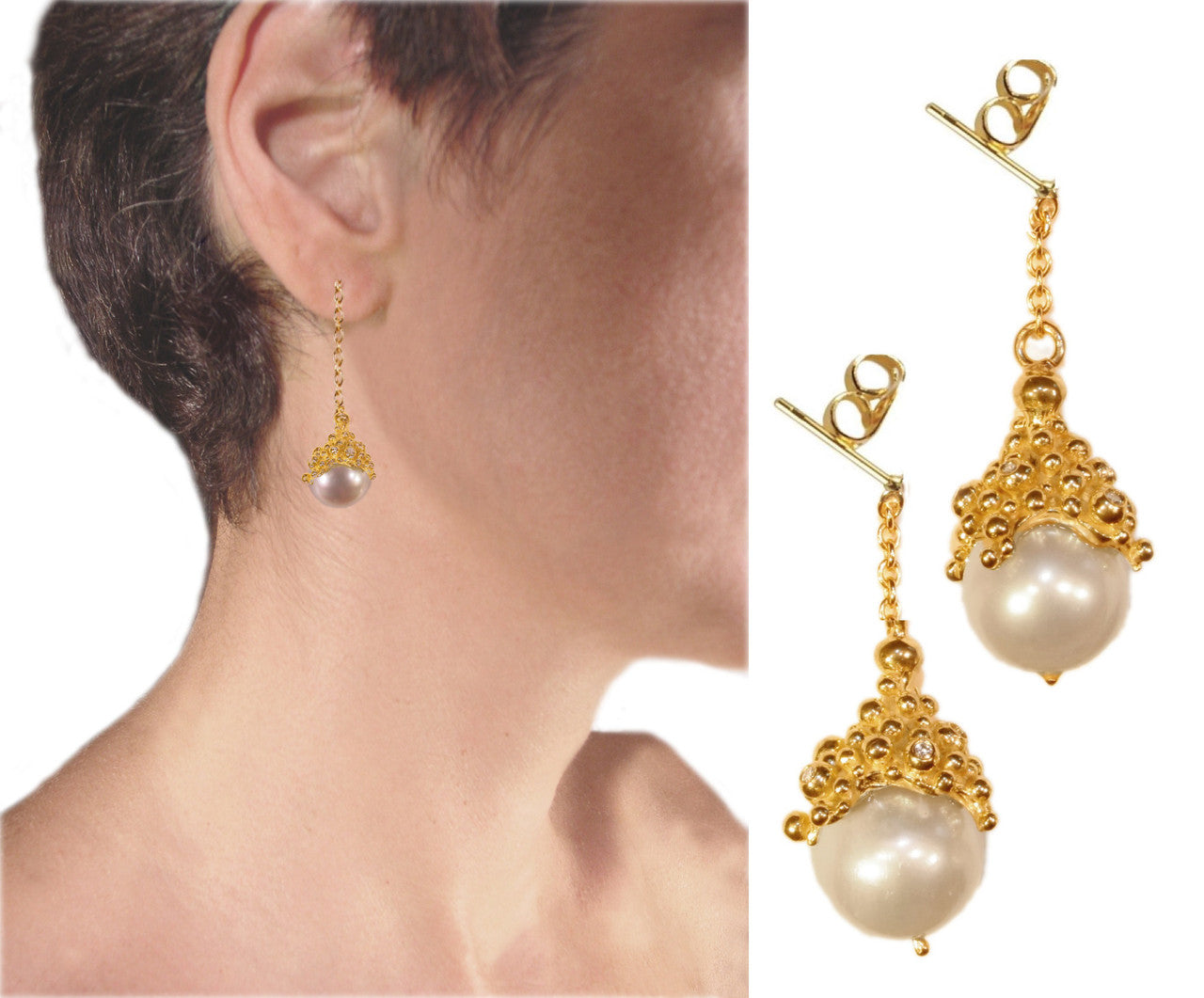Pearl Drop Earrings-Small Dots in sterling silver or gold plate.