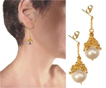 Pearl Drop Earrings-Small Dots in sterling silver or gold plate.