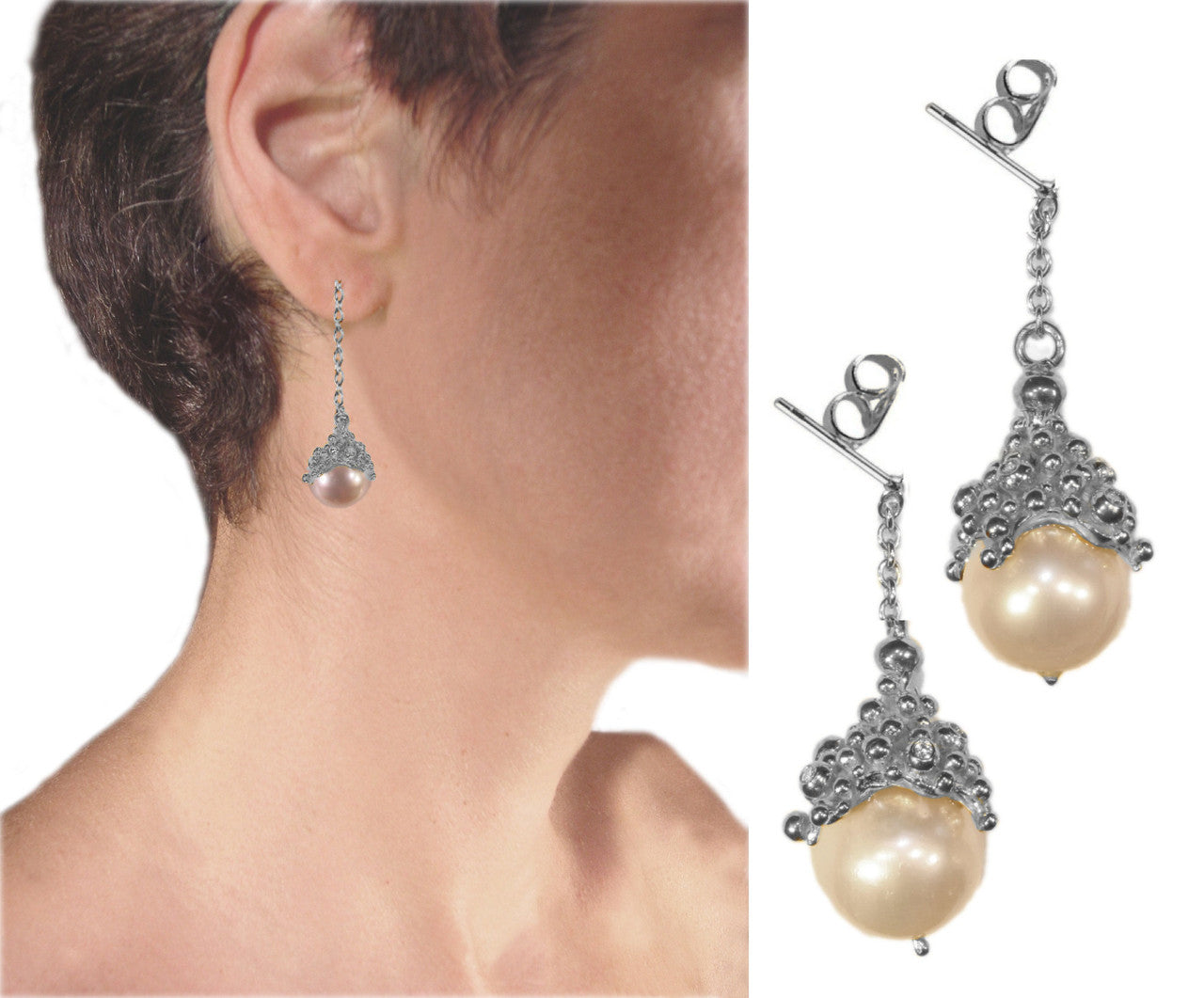 Pearl Drop Earrings-Small Dots in sterling silver or gold plate.