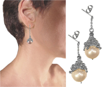 Pearl Drop Earrings-Small Dots in sterling silver or gold plate.