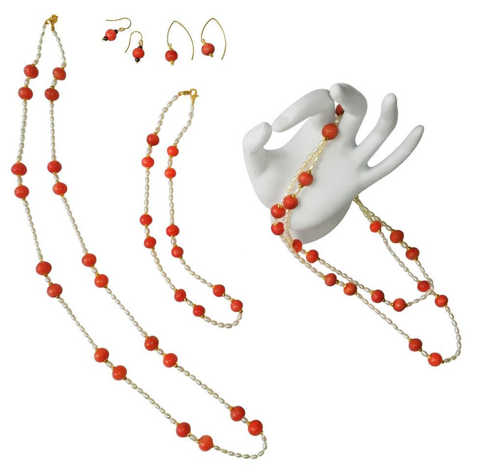 Necklace: Vintage Coral Color Glass Beads, Faceted Gold Pyrite, Chinese Freshwater Rice Pearls