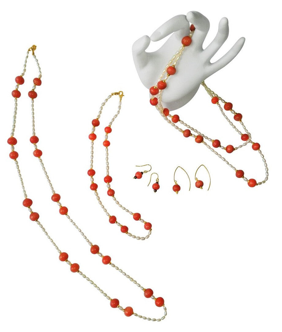 Necklace: Vintage Coral Color Glass Beads, Faceted Gold Pyrite, Chinese Freshwater Rice Pearls
