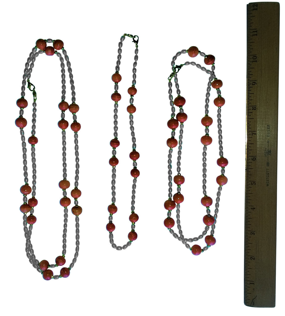 Necklace: Vintage Coral Color Glass Beads, Faceted Gold Pyrite, Chinese Freshwater Rice Pearls