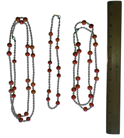 Necklace: Vintage Coral Color Glass Beads, Faceted Gold Pyrite, Chinese Freshwater Rice Pearls