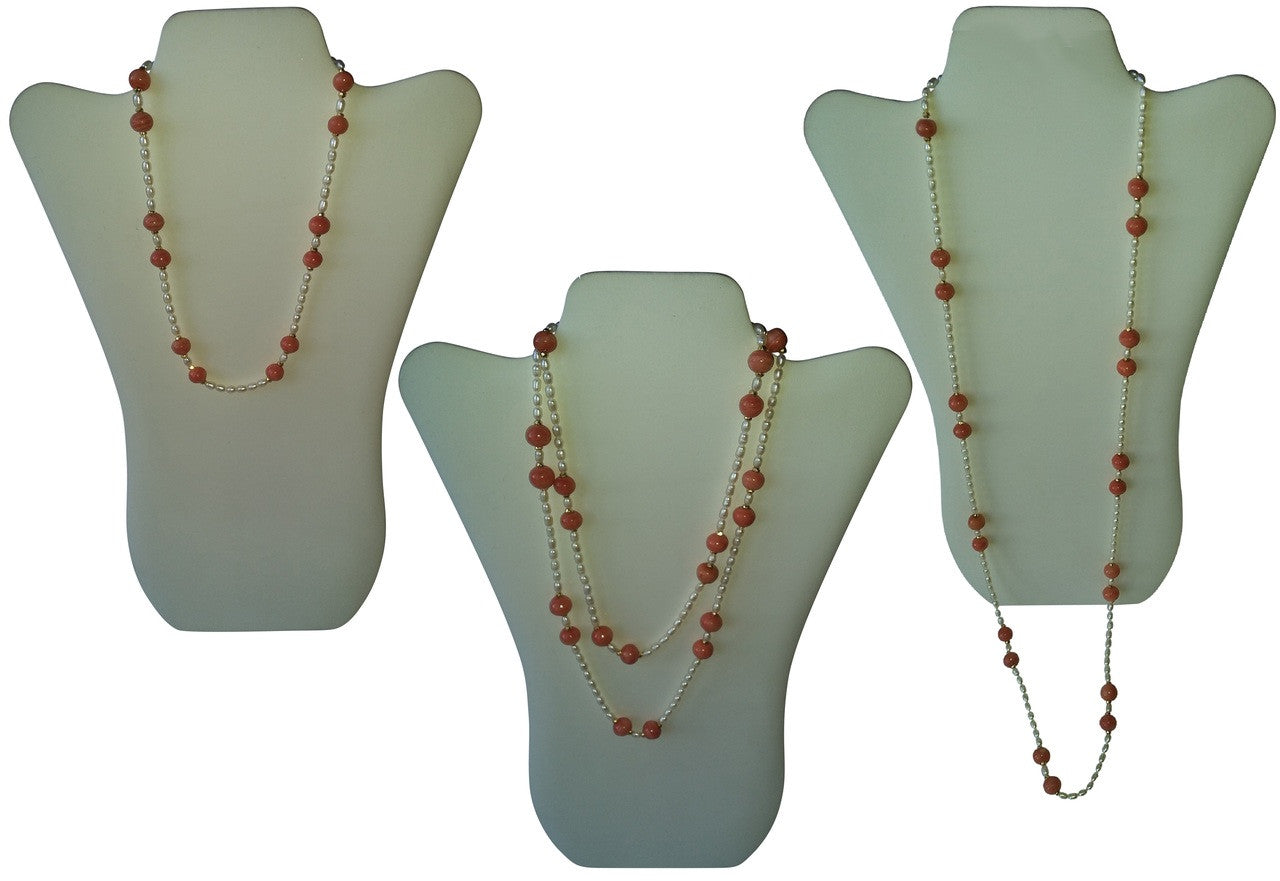 Necklace: Vintage Coral Color Glass Beads, Faceted Gold Pyrite, Chinese Freshwater Rice Pearls