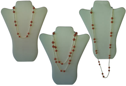 Necklace: Vintage Coral Color Glass Beads, Faceted Gold Pyrite, Chinese Freshwater Rice Pearls