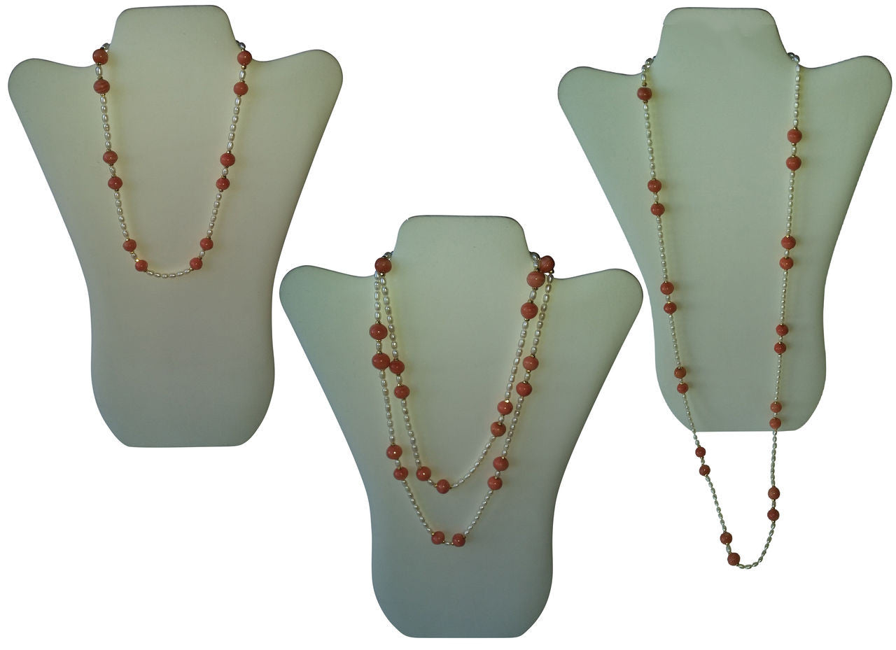 Necklace: Vintage Coral Color Glass Beads, Faceted Gold Pyrite, Chinese Freshwater Rice Pearls