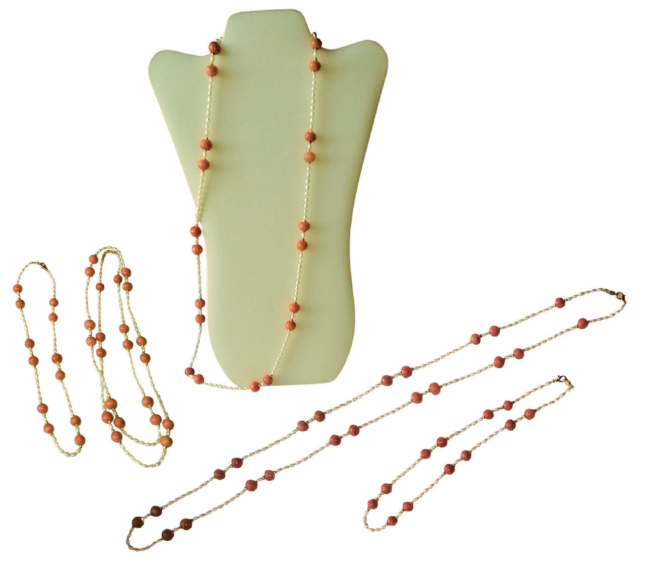 Necklace: Vintage Coral Color Glass Beads, Faceted Gold Pyrite, Chinese Freshwater Rice Pearls