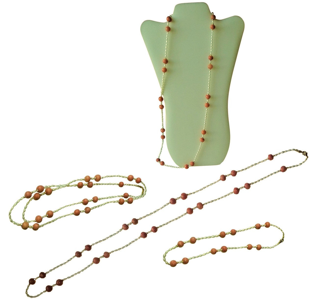 Necklace: Vintage Coral Color Glass Beads, Faceted Gold Pyrite, Chinese Freshwater Rice Pearls