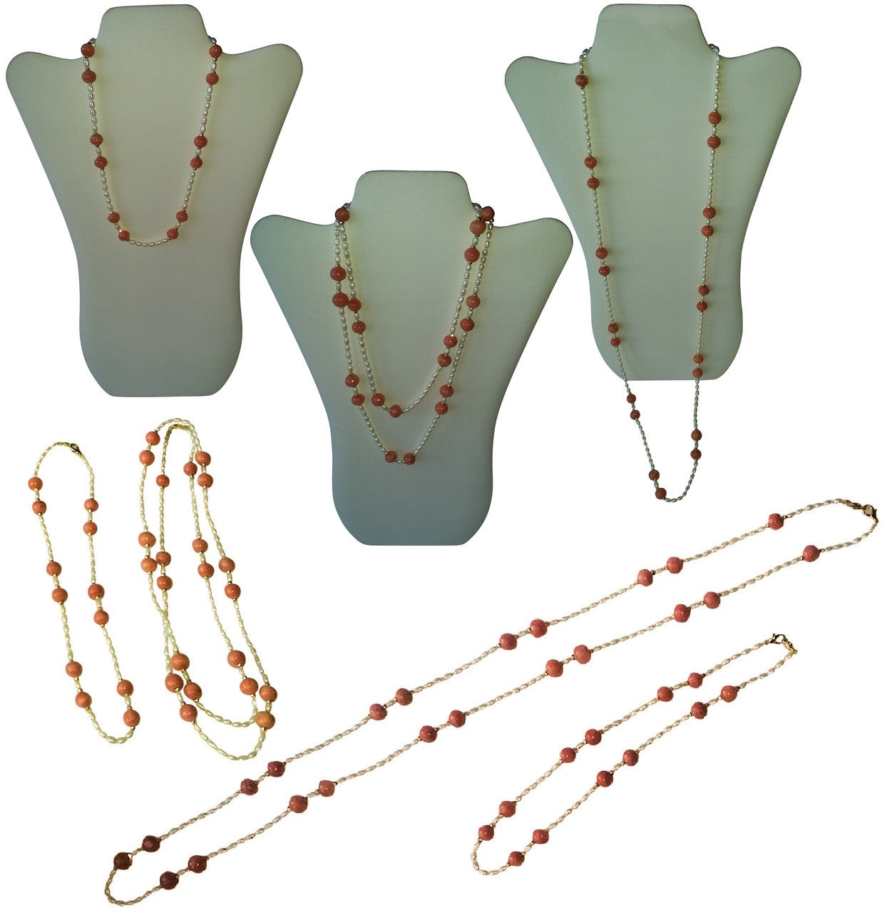 Necklace: Vintage Coral Color Glass Beads, Faceted Gold Pyrite, Chinese Freshwater Rice Pearls