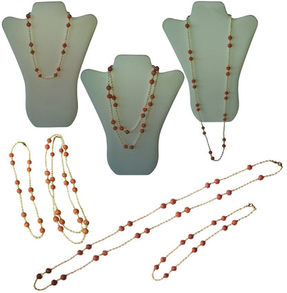 Necklace: Vintage Coral Color Glass Beads, Faceted Gold Pyrite, Chinese Freshwater Rice Pearls