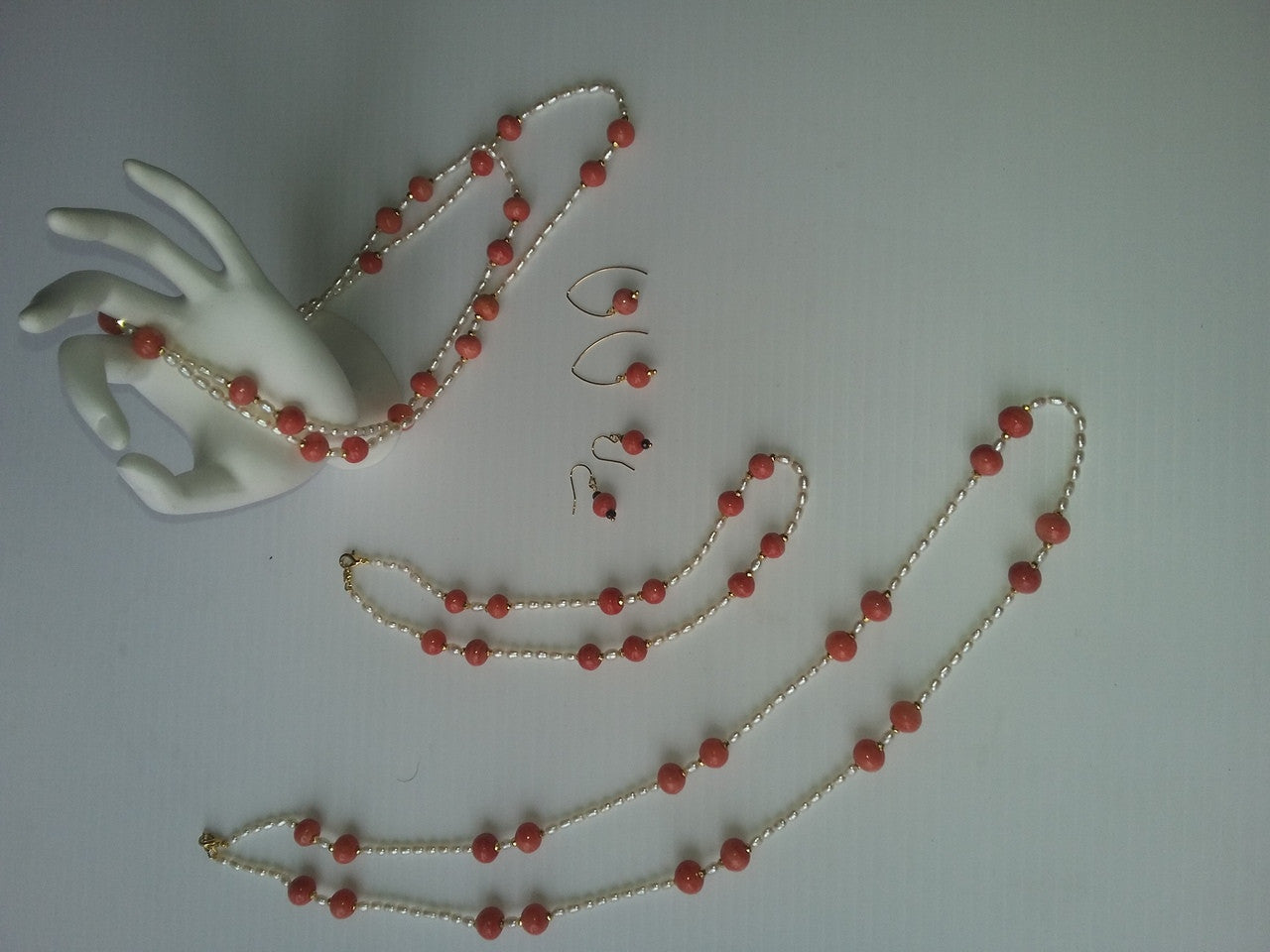 Necklace: Vintage Coral Color Glass Beads, Faceted Gold Pyrite, Chinese Freshwater Rice Pearls
