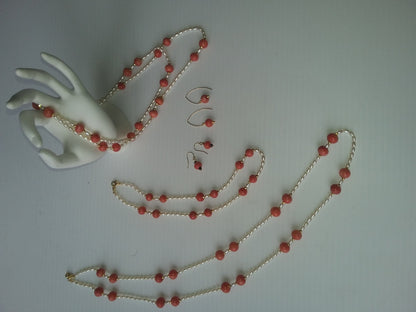 Necklace: Vintage Coral Color Glass Beads, Faceted Gold Pyrite, Chinese Freshwater Rice Pearls