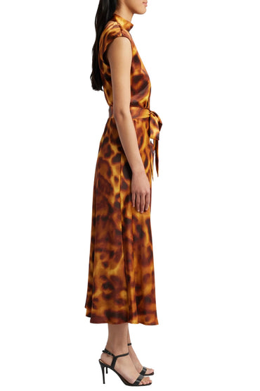 Tahari ASL Satin Print Sleeveless Mock Neck Midi Removable Tie Belt A-Line Dress-1