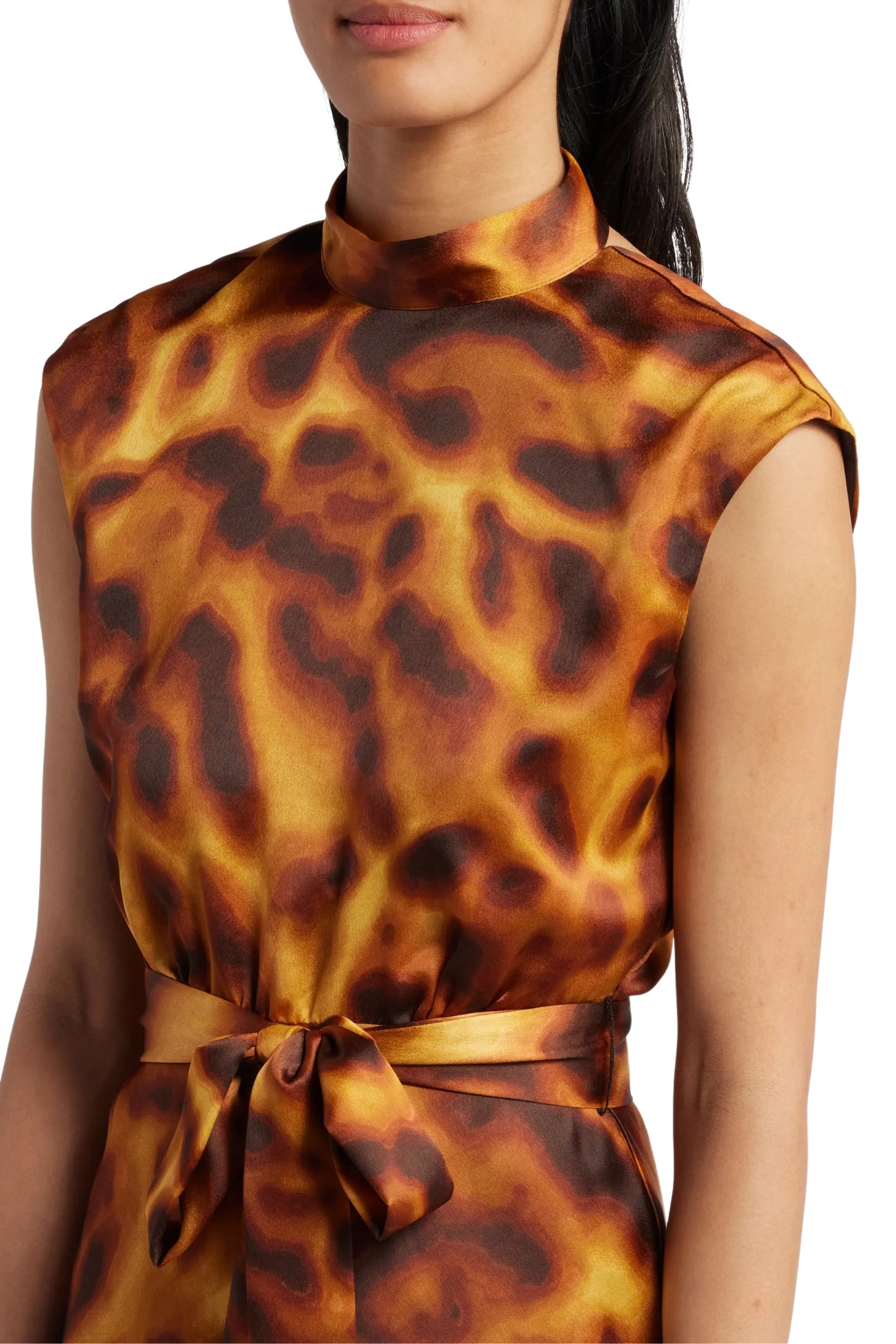 Tahari ASL Satin Print Sleeveless Mock Neck Midi Removable Tie Belt A-Line Dress-3