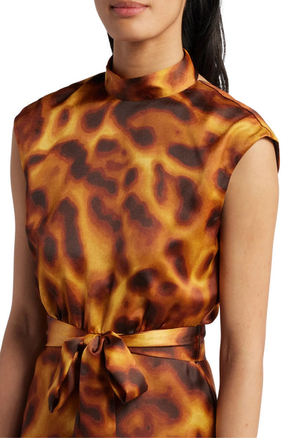 Tahari ASL Satin Print Sleeveless Mock Neck Midi Removable Tie Belt A-Line Dress-3