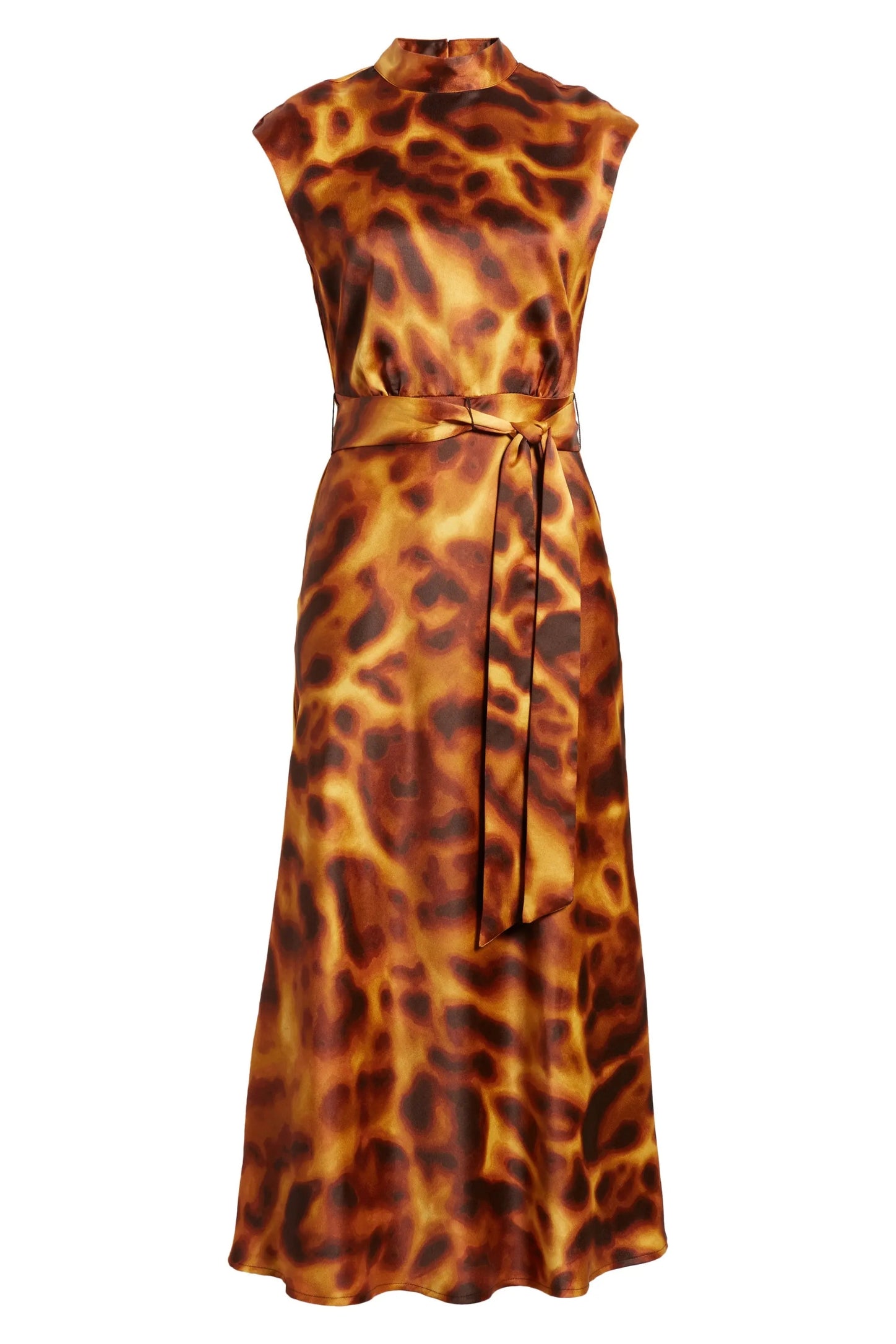 Tahari ASL Satin Print Sleeveless Mock Neck Midi Removable Tie Belt A-Line Dress-4