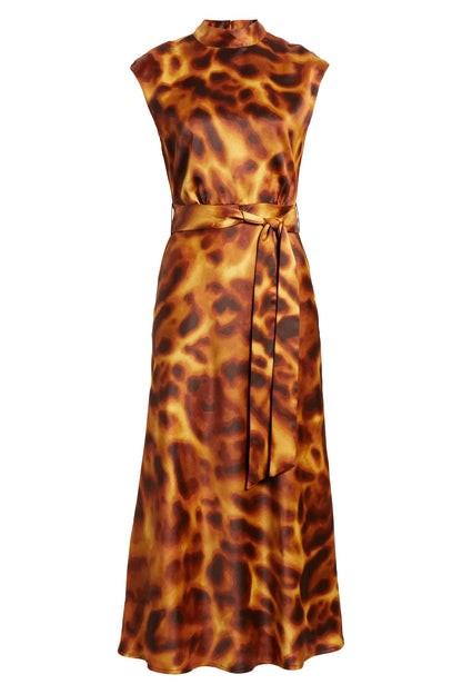 Tahari ASL Satin Print Sleeveless Mock Neck Midi Removable Tie Belt A-Line Dress-4