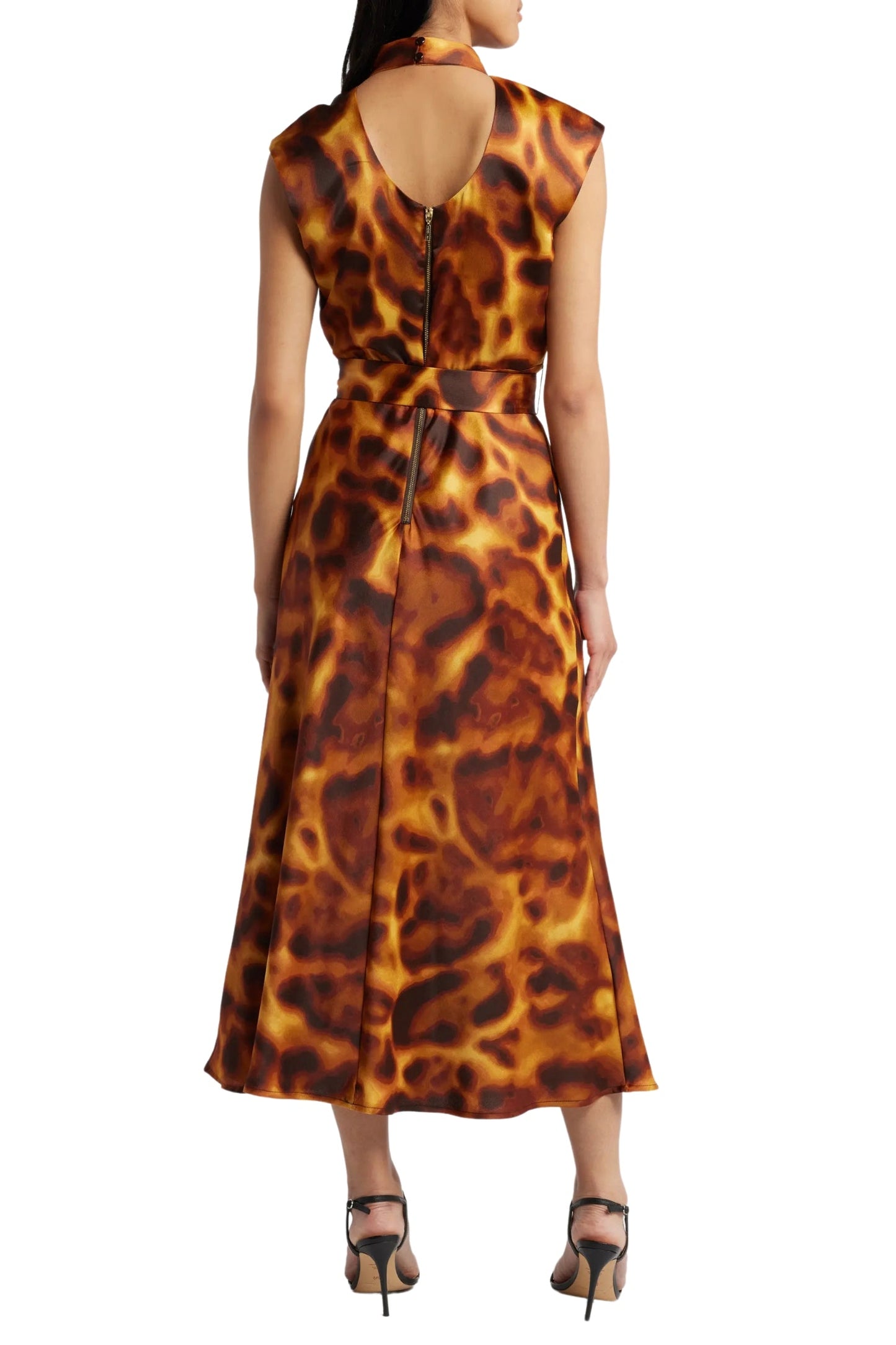 Tahari ASL Satin Print Sleeveless Mock Neck Midi Removable Tie Belt A-Line Dress-2