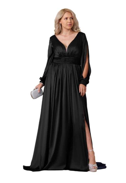 Kos Couture Full-Length Open Sleeve Satin Formal Gown Dress-0