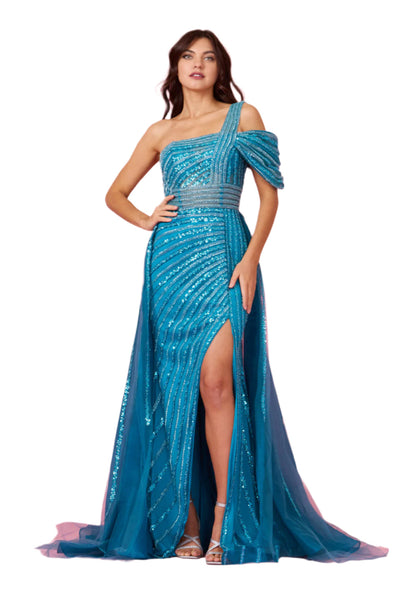 Dylan and Davids Full-Length Couture Hand Beaded Cold Shoulder Formal Gown Dress-7
