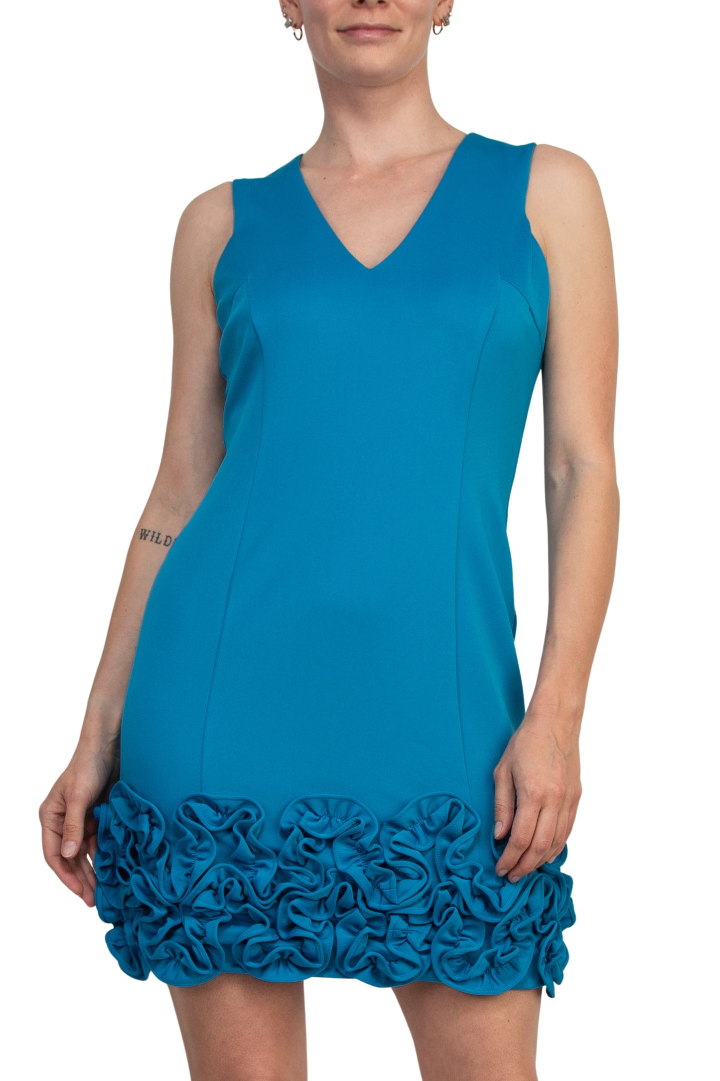 Donna Ricco V-Neck Sleeveless Zipper Back Ruffled Hem Scuba Dress-1