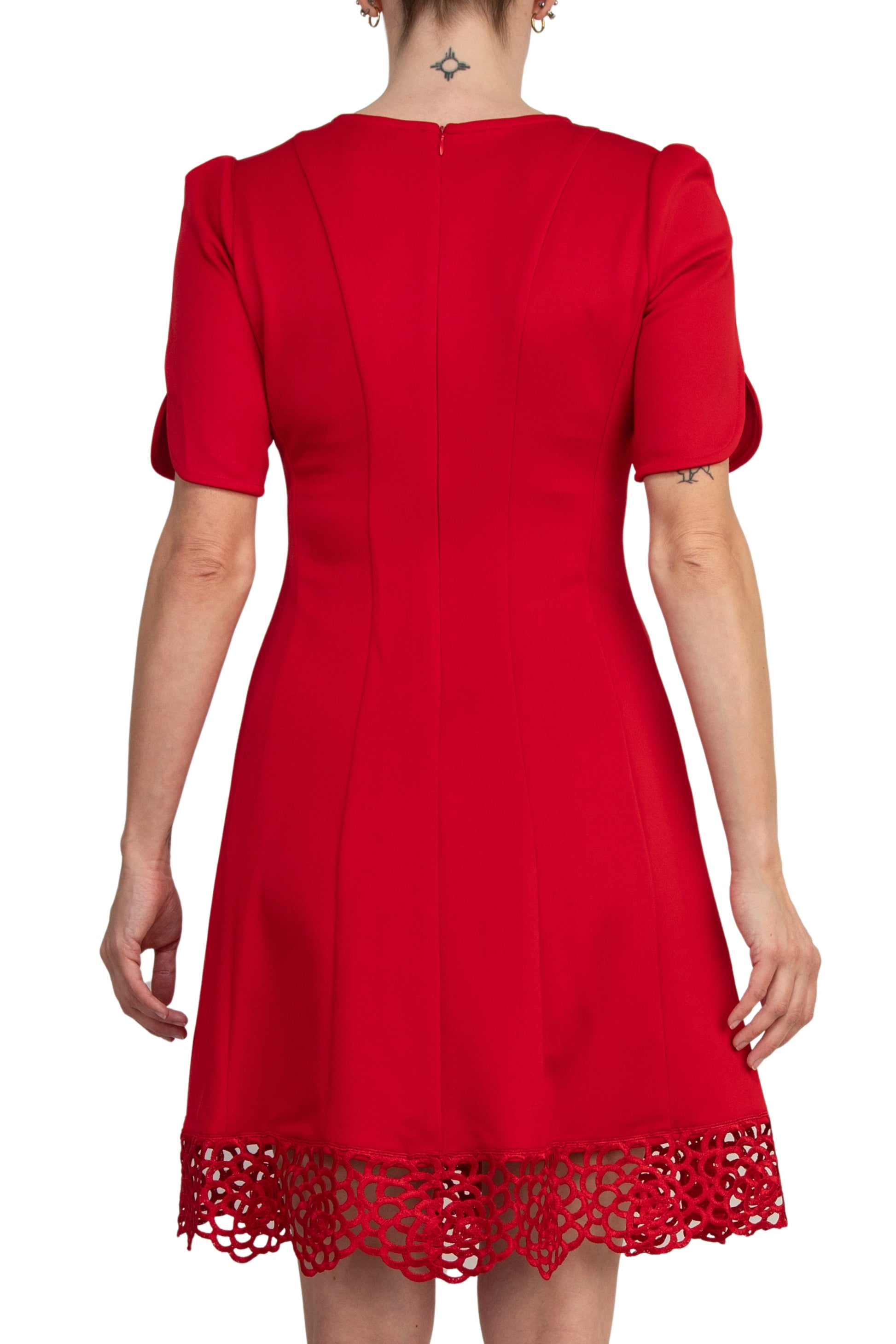 Donna Ricco Crew Neck Short Sleeve Crochet Trim Flare Dress-2