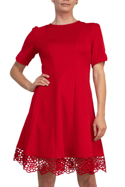 Donna Ricco Crew Neck Short Sleeve Crochet Trim Flare Dress-3