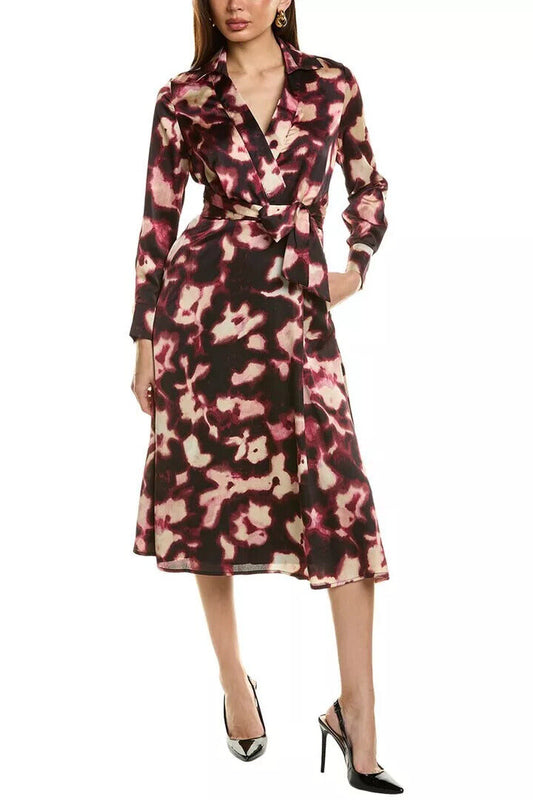Tahari ASL V-Neck Long Sleeve Slip Pockets Surplice Tie Waist Midi A-Line Satin Dress-0