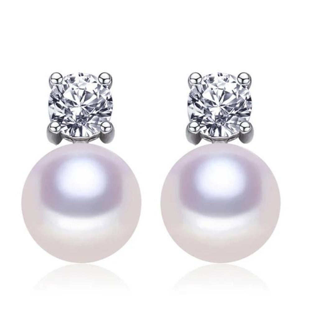 Genuine Freshwater Pearl  & Simulated Diamond Stud Earrings-0