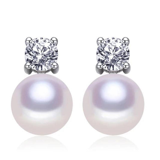 Genuine Freshwater Pearl  & Simulated Diamond Stud Earrings-0