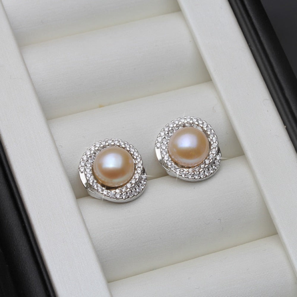 Genuine Simulated Diamond & Freshwater Pearl Swirl Stud Earrings-3