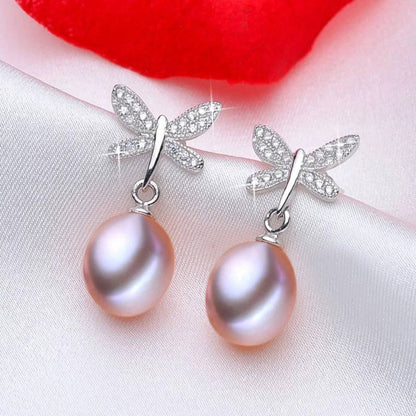 Stunning Simulated Diamond Freshwater Pearl Butterfly Stud Earrings-2