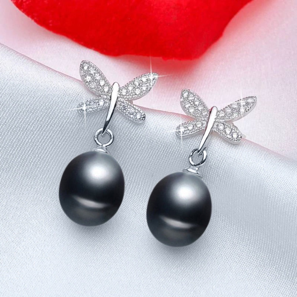 Stunning Simulated Diamond Freshwater Pearl Butterfly Stud Earrings-4