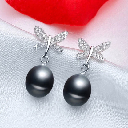 Stunning Simulated Diamond Freshwater Pearl Butterfly Stud Earrings-4
