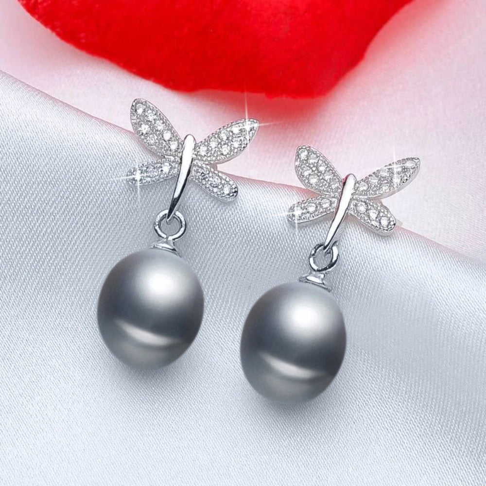 Stunning Simulated Diamond Freshwater Pearl Butterfly Stud Earrings-3