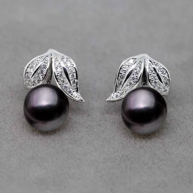 Genuine Freshwater Pearl and Simulated Diamond Leaf Stud Earrings-6