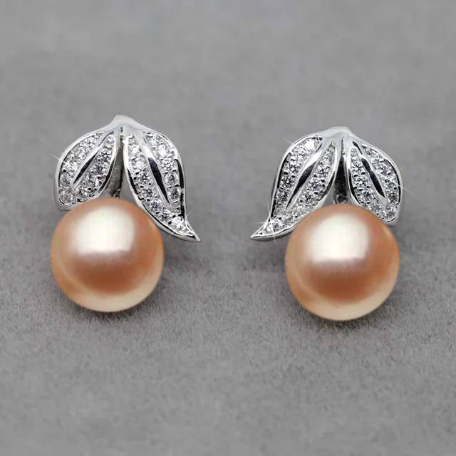 Genuine Freshwater Pearl and Simulated Diamond Leaf Stud Earrings-7