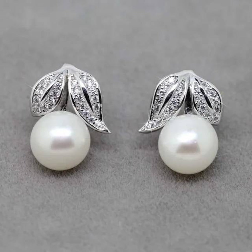 Genuine Freshwater Pearl and Simulated Diamond Leaf Stud Earrings-0