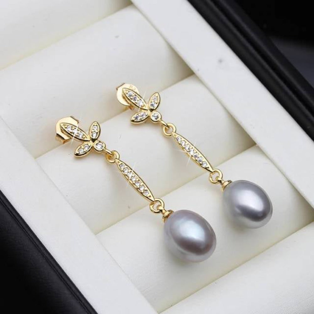Genuine Freshwater Pearl Long Dangle Earrings in Gold-3