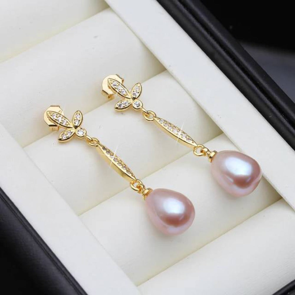 Genuine Freshwater Pearl Long Dangle Earrings in Gold-2