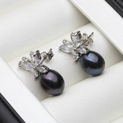 Genuine White Freshwater Pearl & Simulated Diamond Butterfly Stud Earrings-1