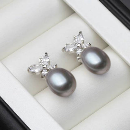 Genuine White Freshwater Pearl & Simulated Diamond Butterfly Stud Earrings-2