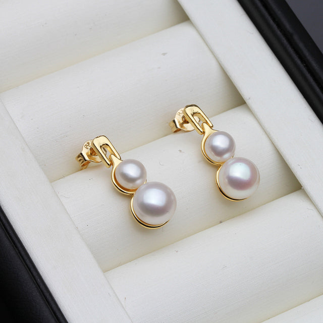 Genuine Freshwater Pearl Double Drop Earrings in Gold-0