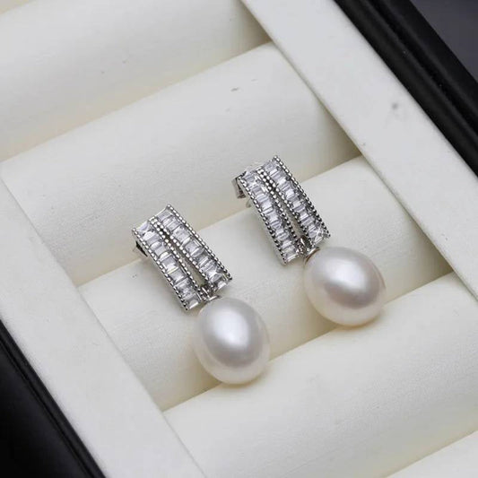 Genuine Freshwater Pearl & Simulated Diamond Designer Dangle Drop Earrings-0