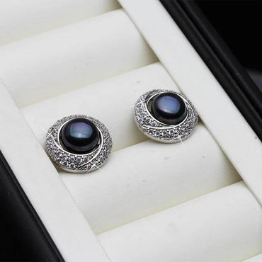 Designer White Freshwater Pearl & Simulated Diamond Round Stud Earrings-1