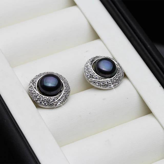 Designer White Freshwater Pearl & Simulated Diamond Round Stud Earrings-1