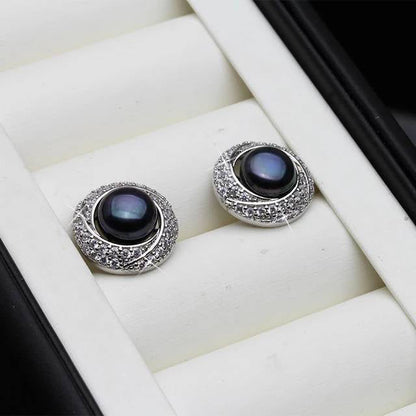 Designer White Freshwater Pearl & Simulated Diamond Round Stud Earrings-1
