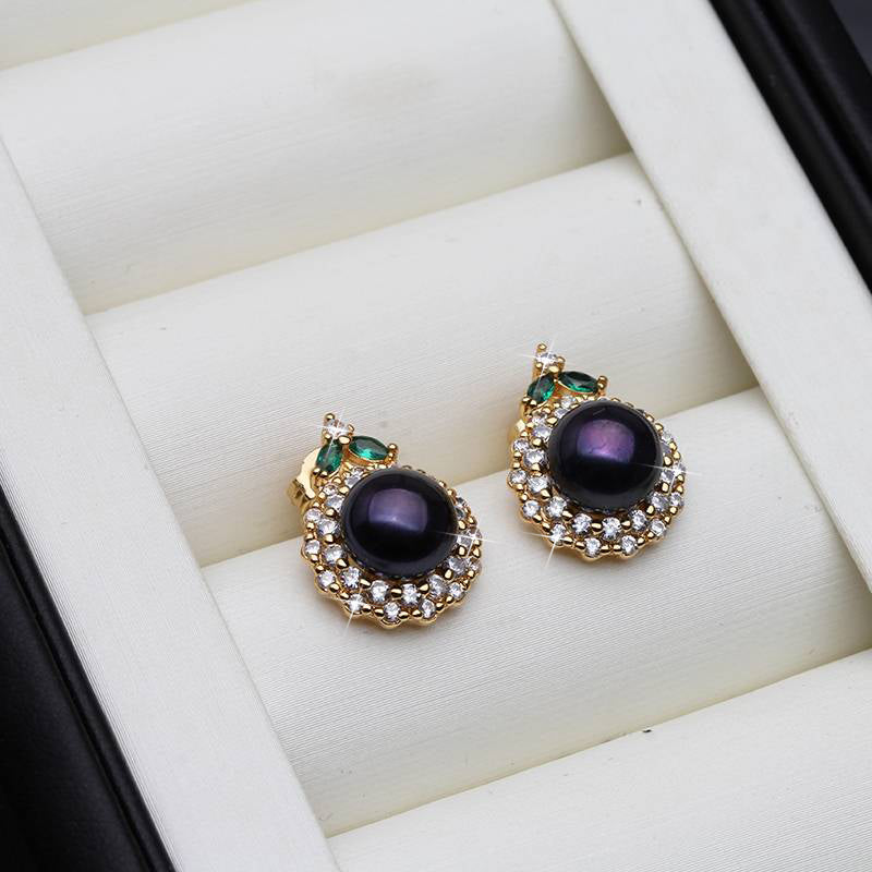 Genuine Round Freshwater Pearl Designer Earrings With Green Stone-1