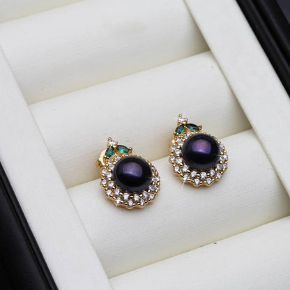Genuine Round Freshwater Pearl Designer Earrings With Green Stone-1
